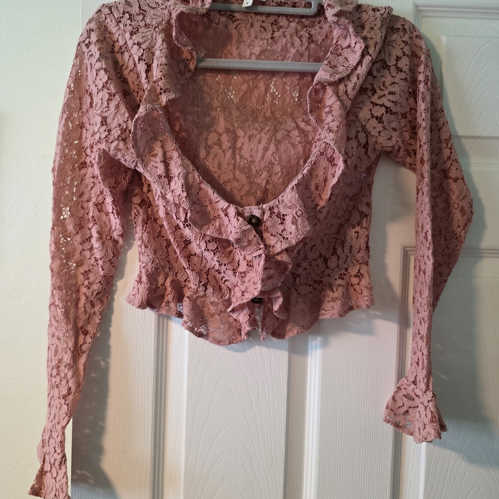 LPA Ruffled Lace Blouse in Soft Pink